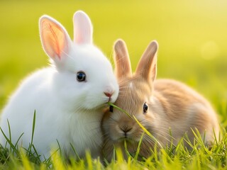 Two adorable bunnies, one white and one brown, nestled together in lush green grass, bathed in soft sunlight, creating a heartwarming and peaceful scene