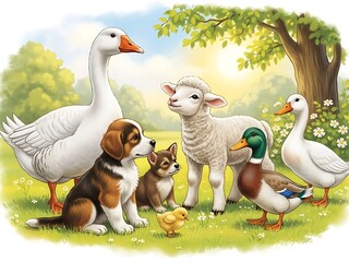 A charming gathering of farm animals, including geese, a lamb, ducks, and playful puppies, enjoying a sunny day in a lush green meadow