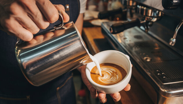 Barista pouring steamed milk into espresso cup to create latte art swirl.