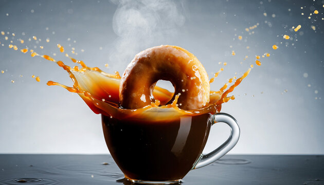 Plain ring donut dropping into a clear glass coffee cup causing a large liquid splash.