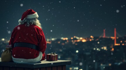 Minimalist santa claus emerging from rooftop chimney with gifts, snowy cityscape background 
