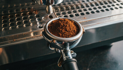 Espresso portafilter basket filled with dark roasted coffee grounds against a stainless steel machine.