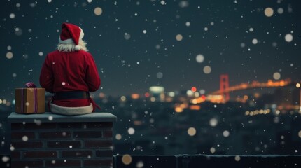 Minimalist santa claus emerging from rooftop chimney with gifts, snowy cityscape background 
