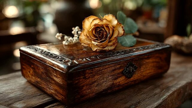 Vintage wooden box adorned with a dried rose and foliage on a rustic table
