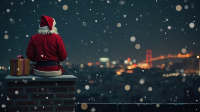 Minimalist santa claus emerging from rooftop chimney with gifts, snowy cityscape background 

