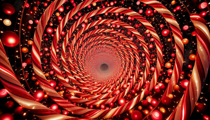 Candy canes arranged in a spiraling tunnel illusion leading into glowing Christmas lights, warm red and white tones.