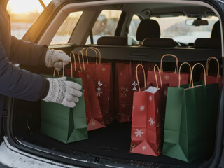 A close-up of a car trunk filled with gift bags. A man's hand places gifts in the trunk. Christmas and New Year shopping concept