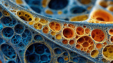 An abstract close-up shot of a porous structure with vibrant colors and intricate details. It features a network of interconnected holes.