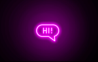  Neon glowing hi welcome bubble icon on black background. Hello speech bubble. Glowing Hello text quote. Hi icon lettering. Hi! speech bubble icon, welcome, communication, message, chat.