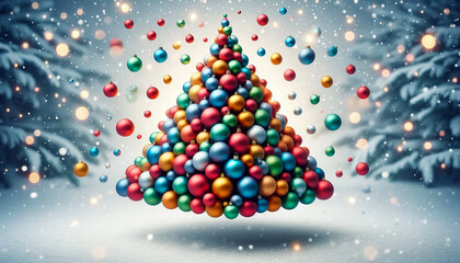 Floating Christmas ornaments arranged in a perspective trick that makes them appear to align into a hidden Christmas tree shape when viewed straight on.