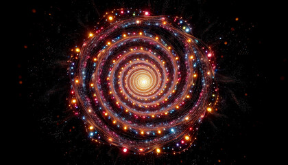 Christmas lights forming a swirling vortex illusion, pulling the viewer toward the warm glowing center.