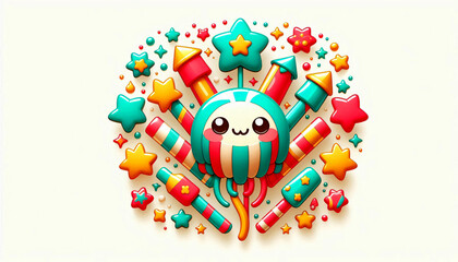 Kawaii doodle fireworks in Christmas colors