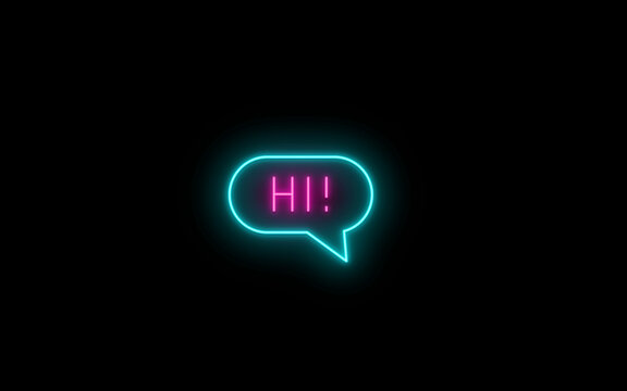  Neon glowing hi welcome bubble icon on black background. Hello speech bubble. Glowing Hello text quote. Hi icon lettering. Hi! speech bubble icon, welcome, communication, message, chat.