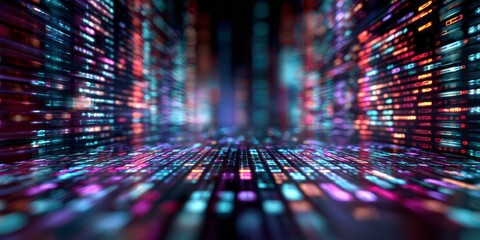 Digital data streams create an immersive, abstract tunnel of glowing rectangles receding into the background