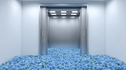 Elevator filled with blue roses in modern building setting