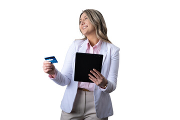 Woman holding credit card and tablet online shopping