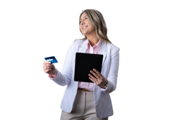 Woman holding credit card and tablet online shopping