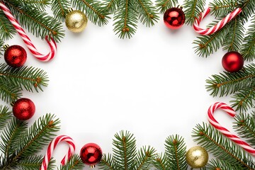 Christmas frame border made of fir tree branch, candy cane, and shiny ornament ball isolated on white background