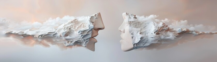 Fototapeta premium Two abstract faces formed from clouds face each other, separated by a large area of empty space. The colors blend softly, creating a surreal effect. This work combines nature and art concepts