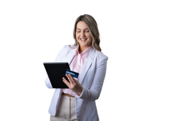 Woman shopping online using tablet and credit card