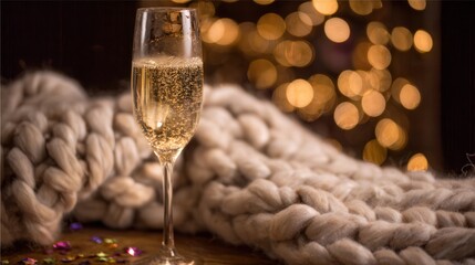 A champagne flute with golden bubbles on a wooden table beside a cozy blanket and festive confetti. bar promotions, beverage menus, designed for food & beverage menus and cafe branding.