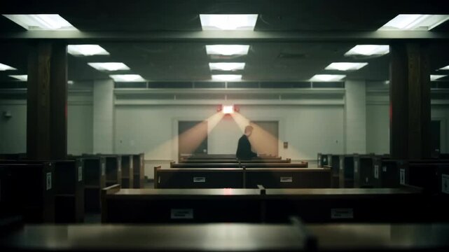 Person in empty library interior with bookshelves and exit sign, dim lighting.
