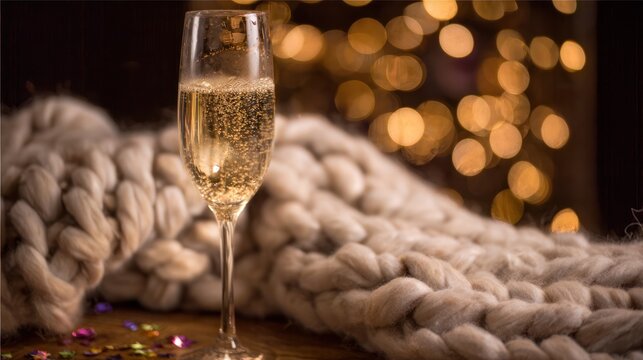 A champagne flute with golden bubbles on a wooden table beside a cozy blanket and festive confetti. bar promotions, beverage menus, designed for food & beverage menus and cafe branding.