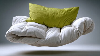 A white blanket is resting on a table with a green pillow on top of it. The pillow is positioned in the middle of the blanket, and it is floating in mid-air. The scene gives off a sense of lightness
