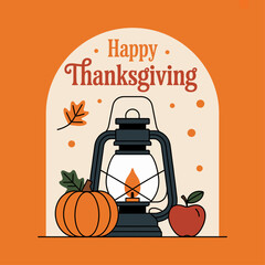 Thanksgiving greeting card with lantern, pumpkin, apple, and autumn leaves.