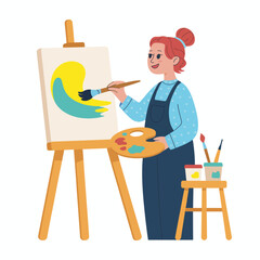 Cartoon female artist painting on canvas with a brush, vibrant yellow and teal wave artwork, creative illustration.