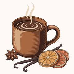 Rustic hot drink with citrus slices, star anise, and cinnamon sticks illustration.