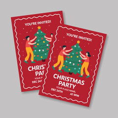 Christmas party invitation with people decorating the tree, festive holiday invitation design.