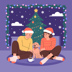 Cozy Christmas celebration with couple, dog, and Christmas tree, festive holiday vibes.