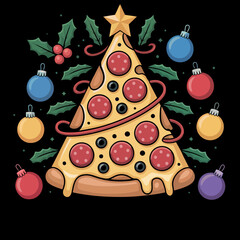 Naklejka premium A quirky design featuring a pizza slice arranged as a Christmas tree. It is adorned with festive ornaments and holly leaves.