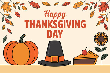 Thanksgiving Day greeting card with pumpkin, pilgrim hat, pie, and sunflower.