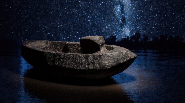 Primitive stone boat drifting on an ancient shimmering river beneath a star-filled night sky. mobility guides, transit brochures, designed for transport & logistics marketing.