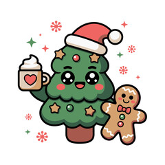 A cute Christmas tree with a smiling face wears a Santa hat, holding a mug of hot chocolate.