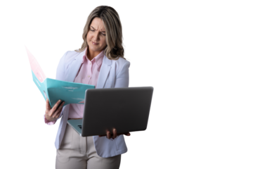 Stressed businesswoman multitasking with folder and laptop feeling confused