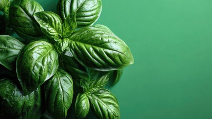 Fresh basil leaves, Fresh Green Basil Leaves Close-up on Vibrant Lime Green Background – Organic Herb for Cooking, Pesto, and Healthy Eating