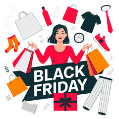 Flat Design Black Friday Shopping Sale with Woman Holding Shopping Bags and Fashion Items.