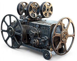 Obraz premium Antique film projector, weathered metal casing, reels and gears visible, on white