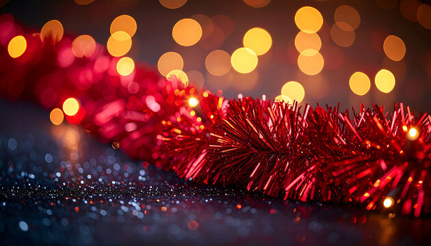Vibrant red metallic tinsel garland, golden bokeh lights, holiday decor for Christmas or New Year