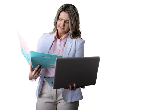 Stressed businesswoman multitasking with folder and laptop feeling confused - Powered by Adobe