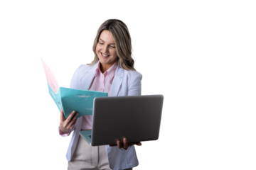 Businesswoman smiling while multitasking with laptop and folder