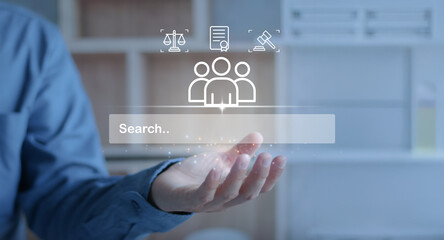  Search, people, legal teams online, talent acquisition and HR analytics and workforce management solutions. Hands-on digital interface showing search bar and group icons.