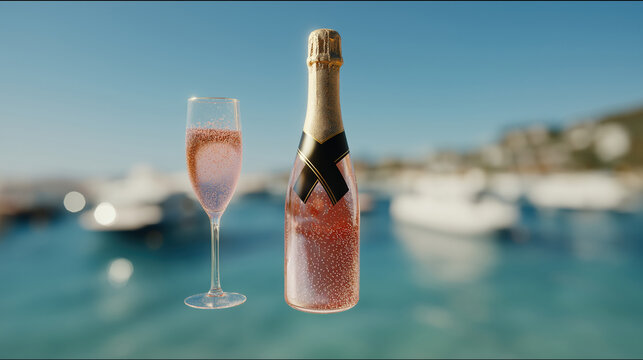 Chilled pink champagne bottle and glass by seaside harbor with boats