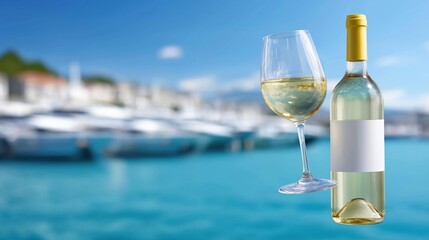 Obraz premium White wine bottle and glass with mediterranean marina backdrop