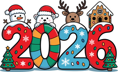 2026 holiday vector, festive character digits, snowman, polar bear, reindeer, gingerbread house, Christmas tree, seasonal celebration design