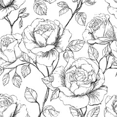 Fototapeta premium Rose flowers seamless pattern, sketch hand drawn botanical style, blooming roses and leaves. Vector illustration