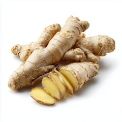 Fresh Ginger Root with Slices on White Background for Cooking Use